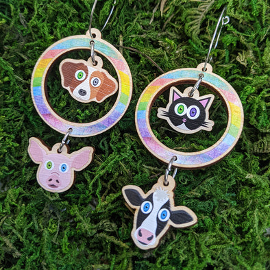 "Why love one but eat the other?" Vegan Cat Cow, Dog Pig Printed Wood Charm Earrings