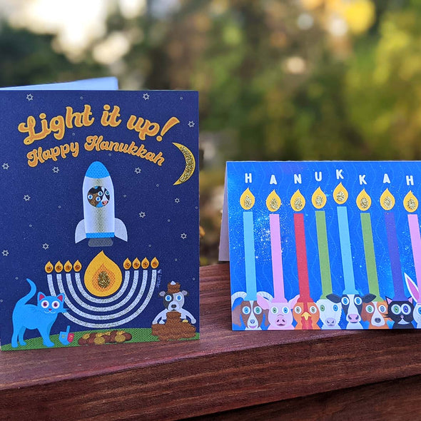 "Light it Up!" Hanukkah Friends Greeting Card, Recycled Hanukkah Animals Card