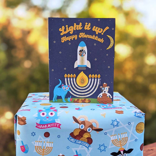 "Light it Up!" Hanukkah Friends Greeting Card, Recycled Hanukkah Animals Card