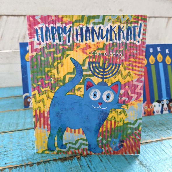"Happy Hanukkat!" Hanukitty Cat Greeting Card, Recycled Hanukkah Card