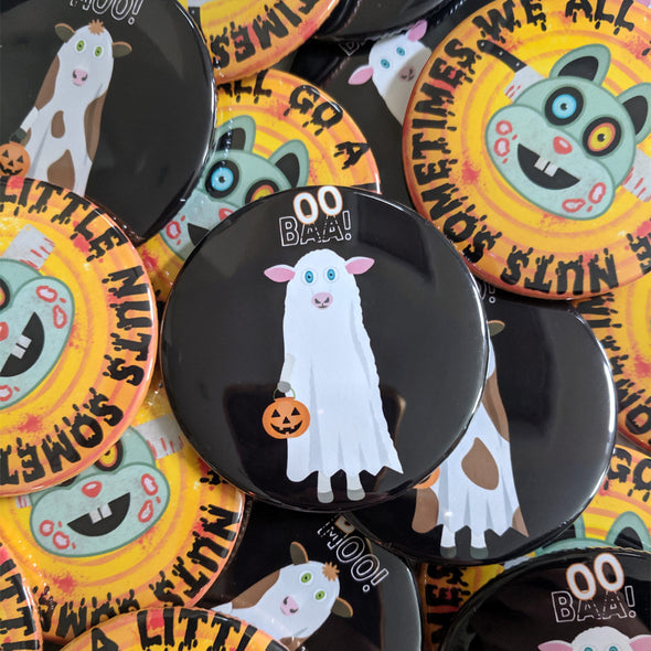 "Trick or Treat" Ghost Cow and Sheep Halloween Pinback Button
