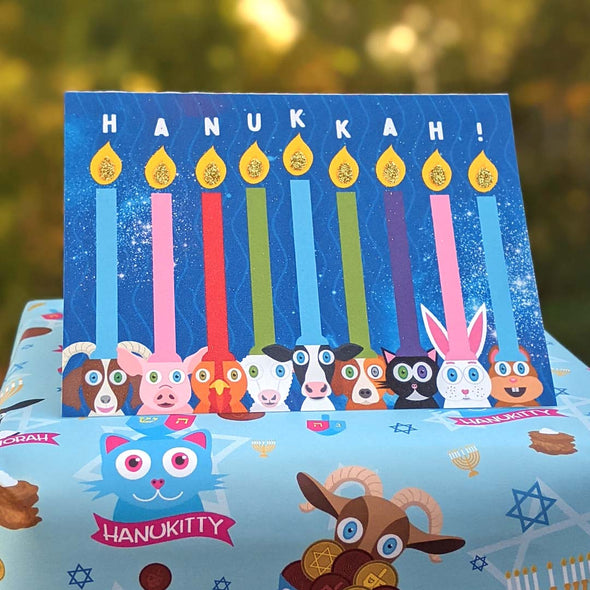 "Hanukkah!" Animal Hanukkiah Greeting Card, Recycled Hanukkah Menorah Card