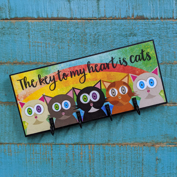 "The key to my heart is cats" Whimsical Cat Art Key Holder