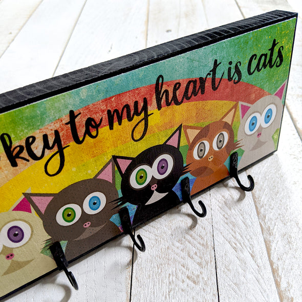 "The key to my heart is cats" Whimsical Cat Art Key Holder
