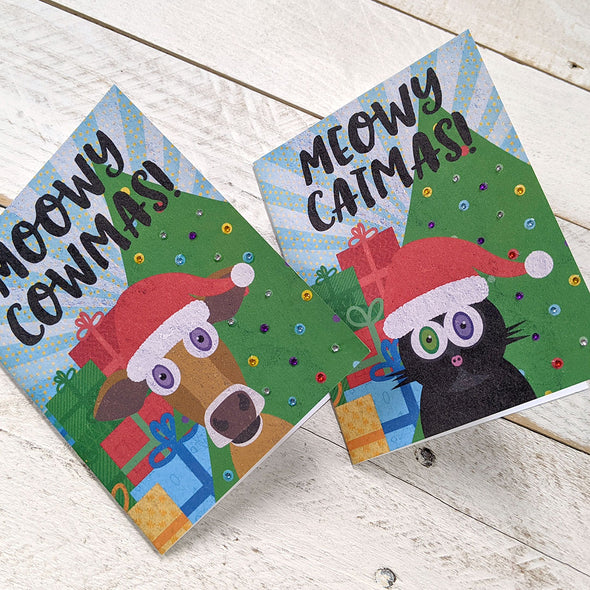 "Meowy Catmas" Holiday Card, Recycled Christmas Cat Card