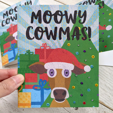 "Moowy Cowmas" Holiday Card, Recycled Christmas Cow Card