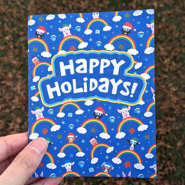 "Happy Holidays!" Recycled Greeting Card, Rainbow Friends Animals in Santa Hats