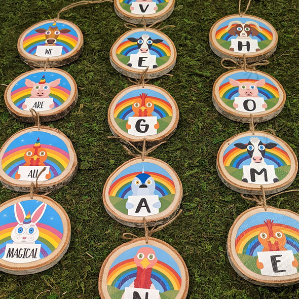 "VEGAN" Wood Slices Wall Hanging - Whimsical Animals Sign Decor