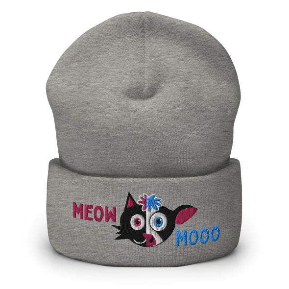 "Meow Mooo" Cuffed Beanie Vegan Cat and Cow Hat