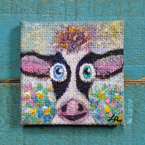 Original Mini Cow Portrait Painting on Canvas, Vegan Art, Tiny Animal Painting
