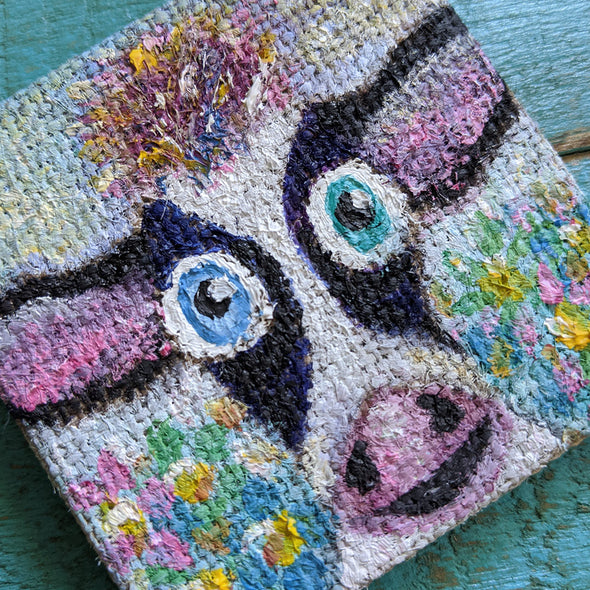 Original Mini Cow Portrait Painting on Canvas, Vegan Art, Tiny Animal Painting