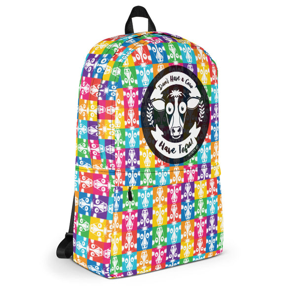 "Don't Have a Cow, Have Tofu!" (multi-color checker print) Vegan Backpack