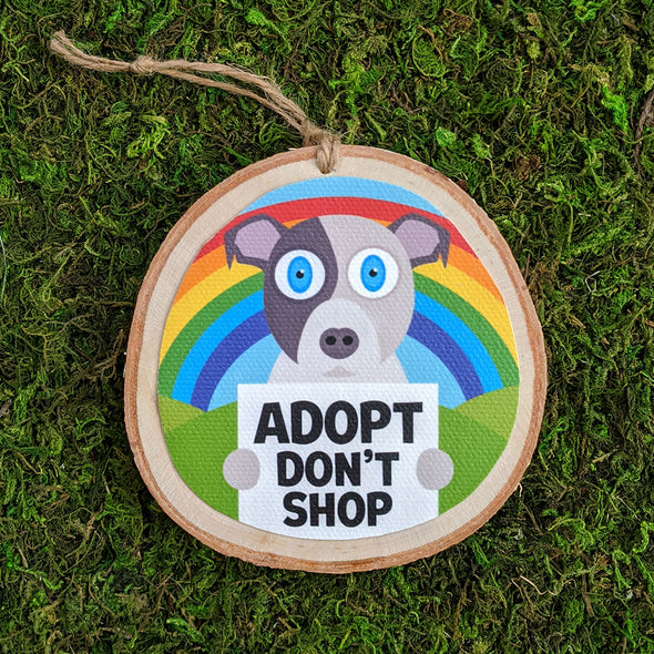 "Adopt, Don't Shop" Whimsical Wood Dog Ornaments - Funky Dogs Holiday Ornaments