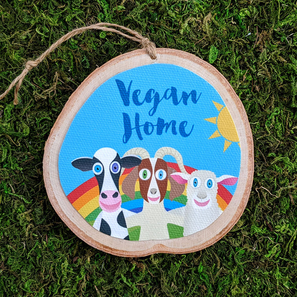 "Vegan Home"  Whimsical Animal Friends Wood Ornaments, Cows, Pigs, Chickens, Goats, Holiday Ornaments