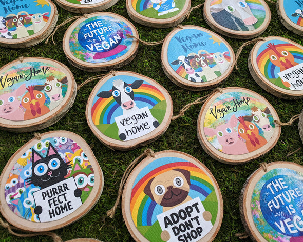 "Vegan Home"  Whimsical Animal Friends Wood Ornaments, Cows, Pigs, Chickens, Goats, Holiday Ornaments