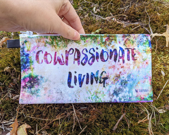 "Cowpassionate Living - Pink Cow Vintage Pop" Small Zipper Pouch - Pencil Case - Vegan Makeup Bag