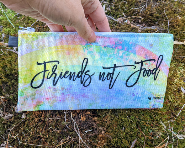 "Friends not Food" Small Zipper Pouch - Pig, Chicken, Cow and Lamb Pencil Case - Vegan Makeup Bag