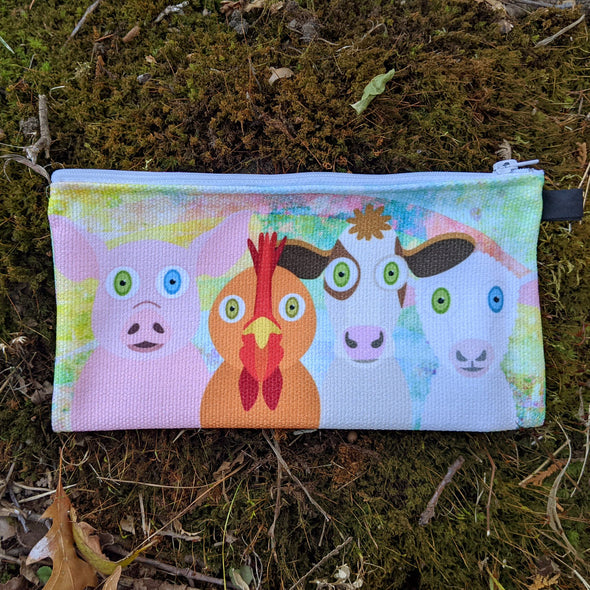 "Friends not Food" Small Zipper Pouch - Pig, Chicken, Cow and Lamb Pencil Case - Vegan Makeup Bag