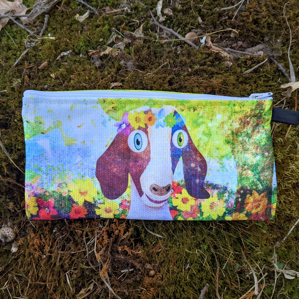 "Sweet Goat with Flower Crown Portrait" Small Zipper Pouch - Pencil Case - Vegan Makeup Bag