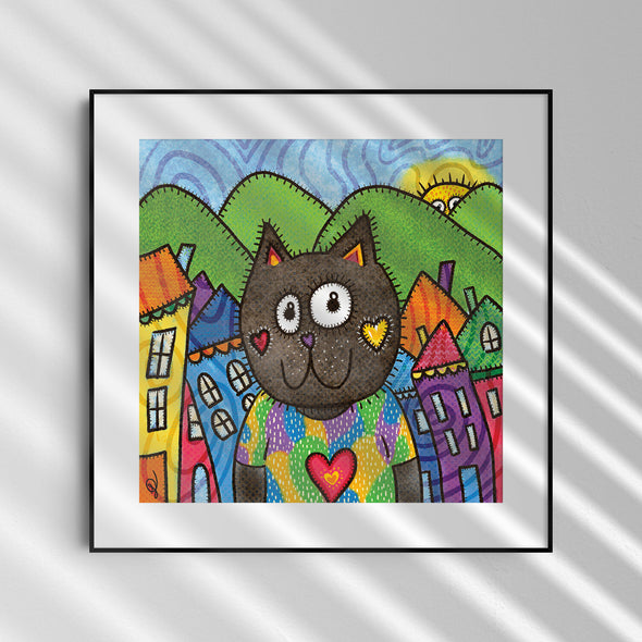 "Cat in a Village" Whimsical Art Print