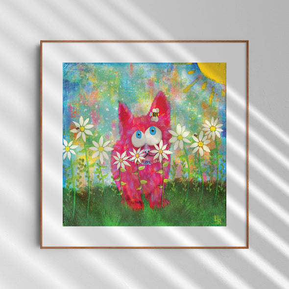 "Pink Fuzzy Kitty and Bee" - Cat Art Print