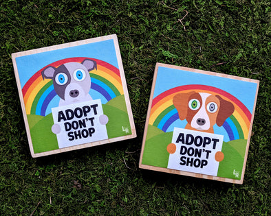 "Adopt, Don't Shop" Whimsical Dog Art on Wood Block - Funky Dog Sign