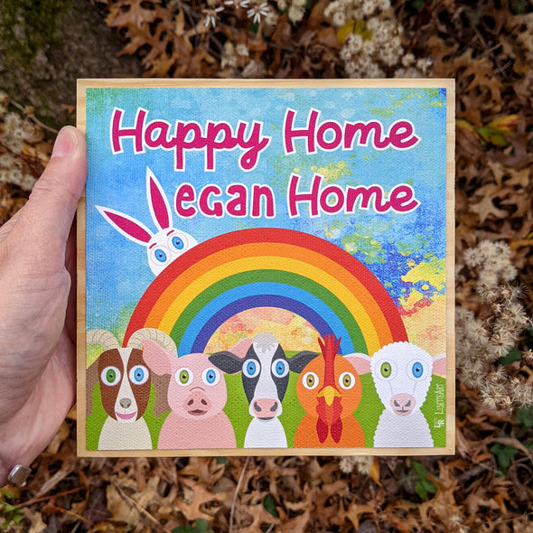 "Happy Home, Vegan Home" Whimsical Animal Friends Art on Wood Block - Funky Vegan Sign
