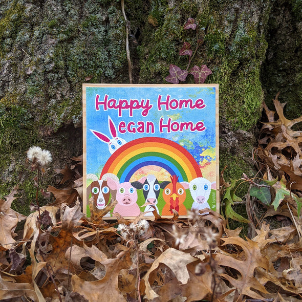 "Happy Home, Vegan Home" Whimsical Animal Friends Art on Wood Block - Funky Vegan Sign