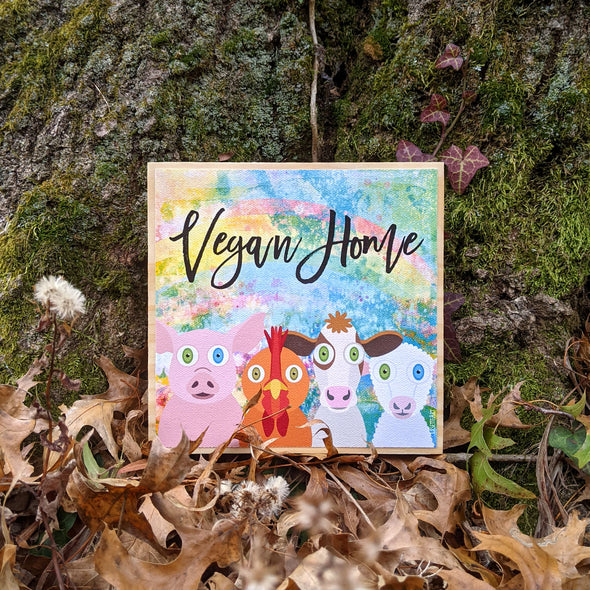 "Vegan Home" Whimsical Animal Friends Art on Wood Block - Funky Vegan Sign