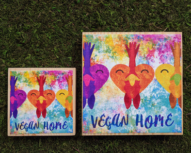 "Vegan Home" Rooster Love Art on Wood Block - Heart Chicken Vegan Sign