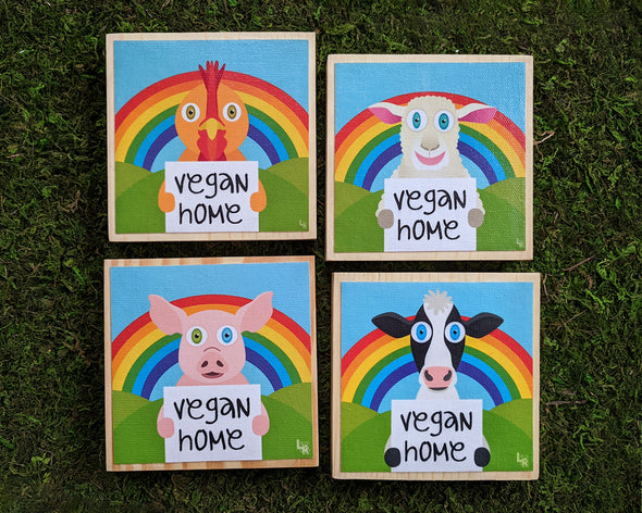 "Vegan Home" Happy Animals Art on Wood Block - Funky Vegan Sign