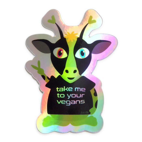 "Take Me To Your Vegans" Alien Cow Holographic Vinyl Sticker