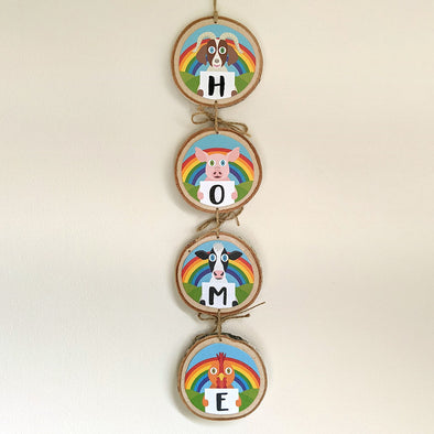 "HOME" Wood Slices Wall Hanging - Whimsical Animals Sign Decor
