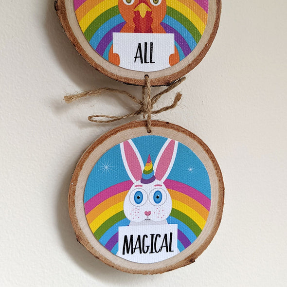 "WE ARE ALL MAGICAL" Wood Slices Wall Hanging - Whimsical Unicorn Animals Sign Decor