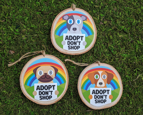 "Adopt, Don't Shop" Whimsical Wood Dog Ornaments - Funky Dogs Holiday Ornaments