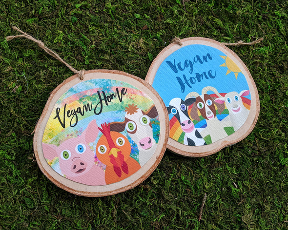 "Vegan Home"  Whimsical Animal Friends Wood Ornaments, Cows, Pigs, Chickens, Goats, Holiday Ornaments