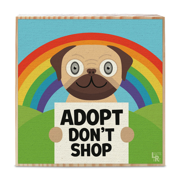 "Adopt, Don't Shop" Whimsical Dog Art on Wood Block - Funky Dog Sign