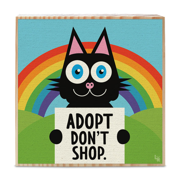 "Adopt, Don't Shop" Whimsical Black Cat Art on Wood Block - Funky Cat Sign