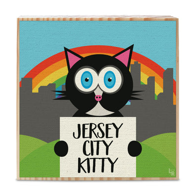 "Jersey City Kitty" Whimsical Black Cat Art on Wood Block - Funky Cat Sign