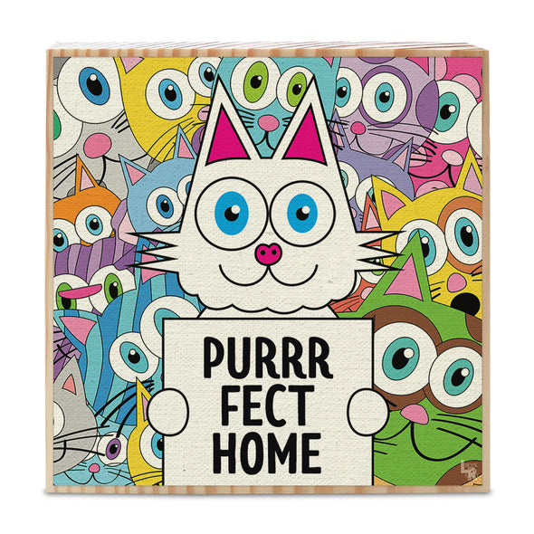 "Purrrfect Home" Whimsical Cats Art on Wood Block - Funky Cat Sign