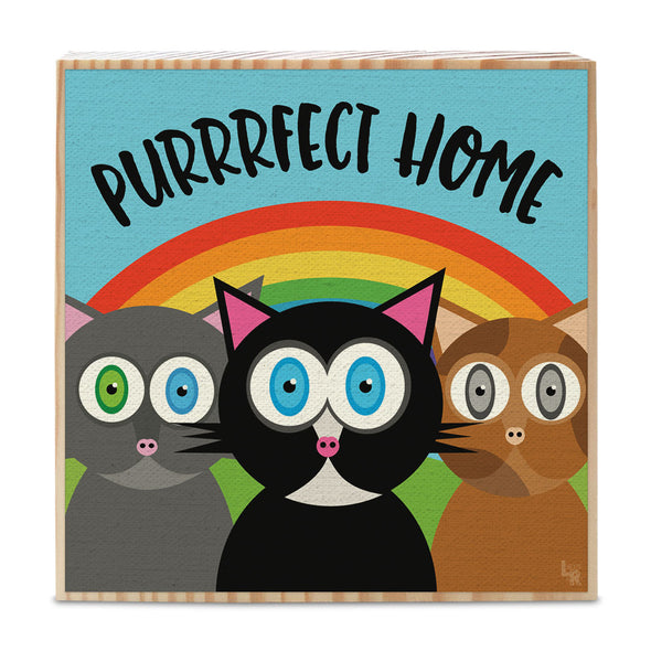 "Purrrfect Home" Whimsical Cats Art on Wood Block - Funky Cat Sign