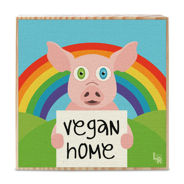 "Vegan Home" Happy Animals Art on Wood Block - Funky Vegan Sign