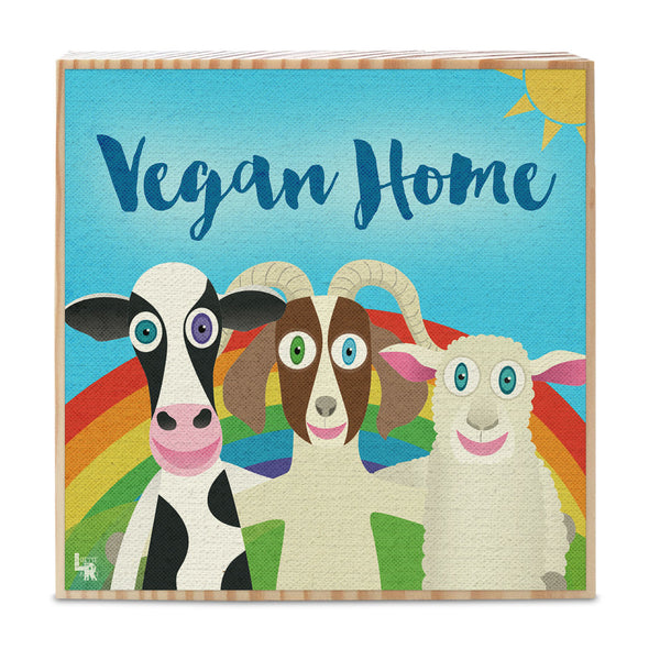 "Vegan Home" Whimsical Animal Friends Art on Wood Block - Funky Vegan Sign